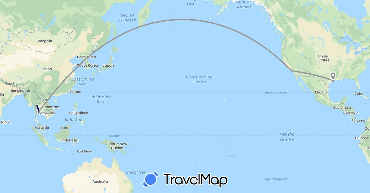 TravelMap itinerary: driving, plane in Thailand, United States (Asia, North America)